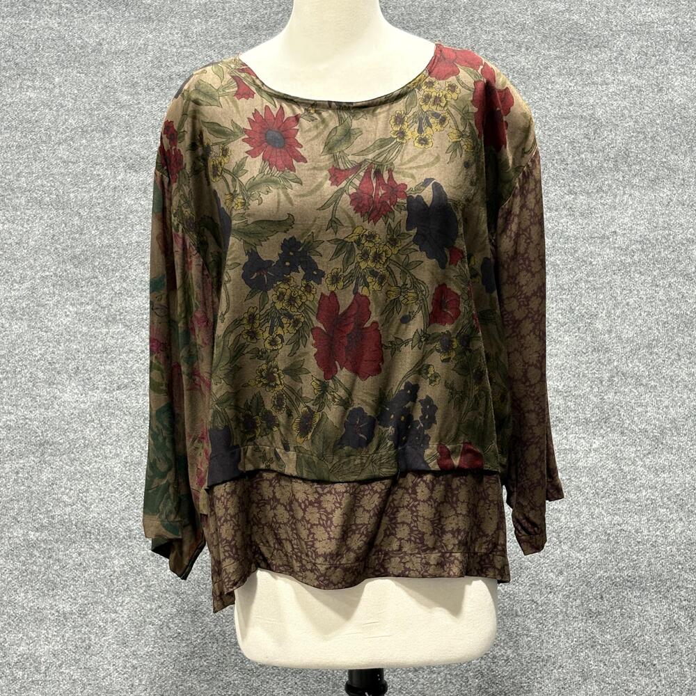 KIG International Fashions Blouse Womens Large Brown Floral Rayon Boho Top 6013